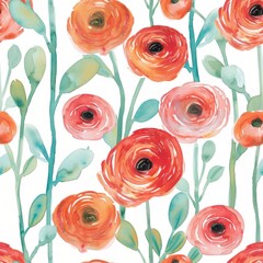 Watercolor Coral Ranunculus and Eucalyptus Seamless Pattern
