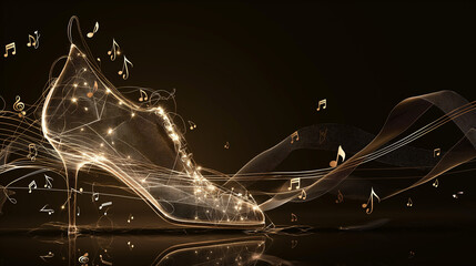 Enchanting golden shoe with musical notes for a magical themed event or performance. Ideal for concert promotions or fantasy-themed designs - obrazy, fototapety, plakaty