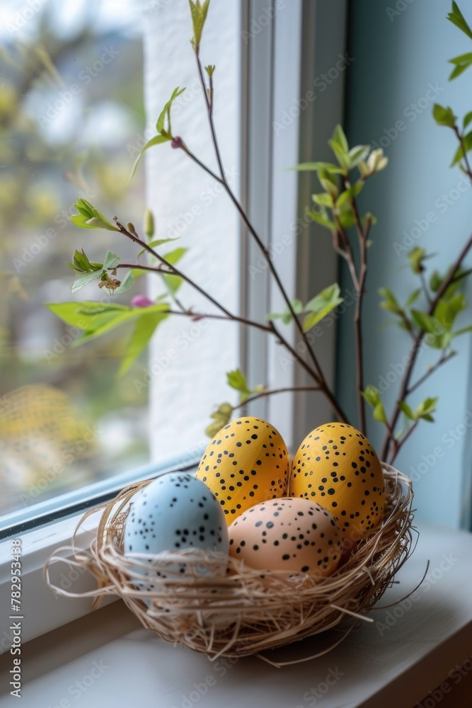 Aufkleber Three eggs in a nest on a window sill, suitable for various concepts