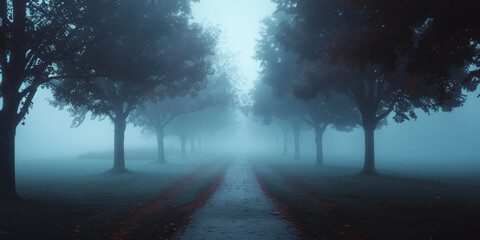 Obraz premium Mystical Foggy Park Lane at Twilight