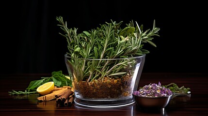 Glass vase filled with fragrant herbs and spices