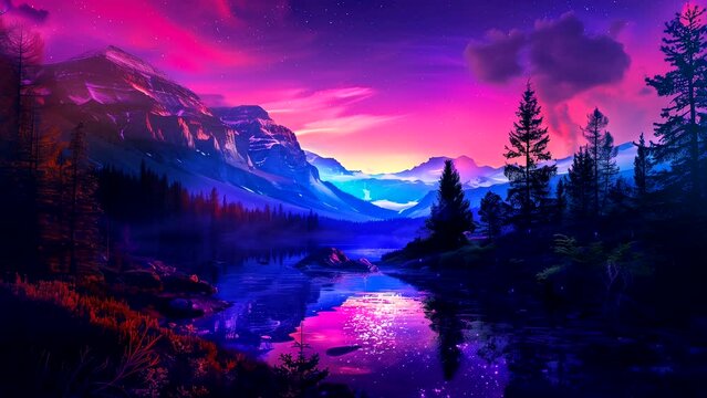 Fantasy Mountain and lake scenery with colorful neon lighting. seamless looping 4k time-lapse animation video backgrounds