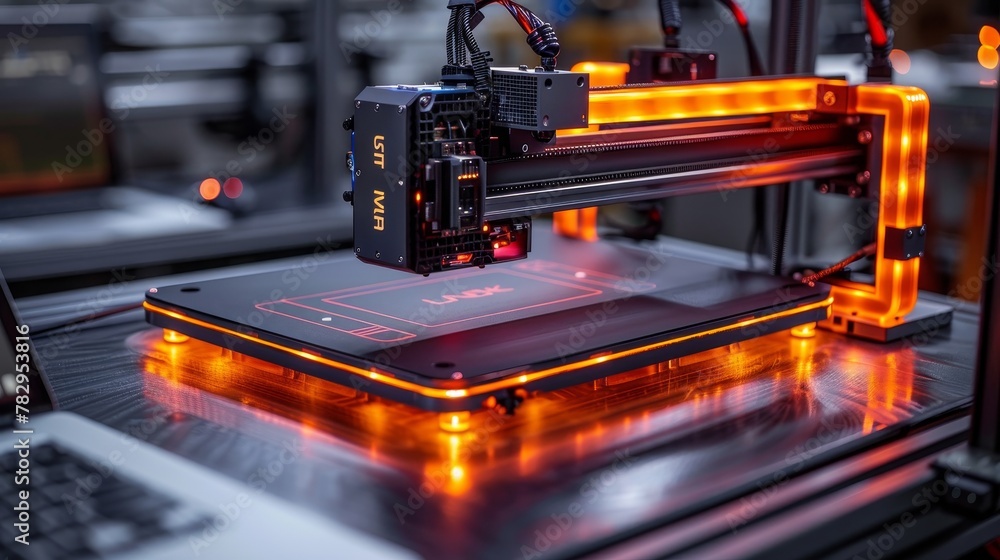 Aufkleber 3d printer on table, laptop on shelf, in workshop of additive 3d maker. isometric 3d printing concep