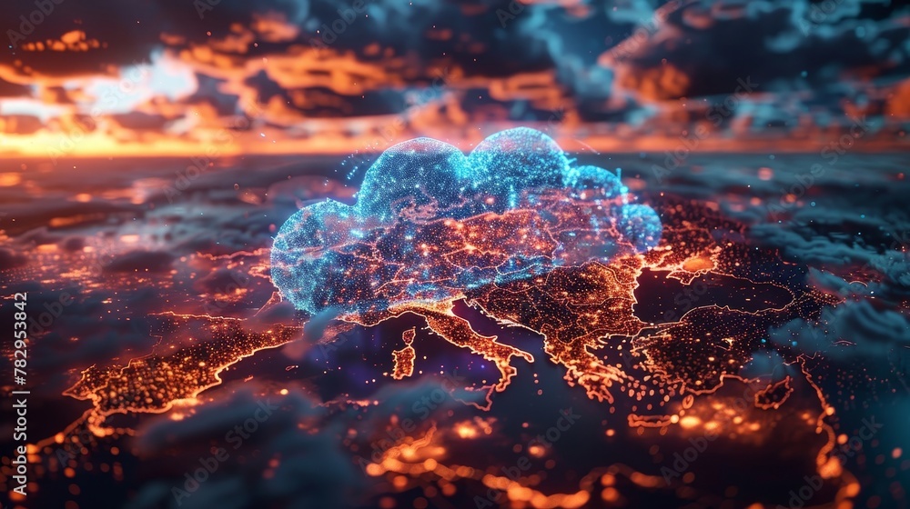 Poster Concept of virtual clouds over global maps. Cloud storage in data centers. Global internet network servers work with big data. Internet storage service.