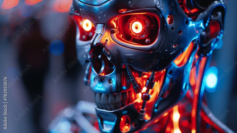Aufkleber Artificial Intelligence with scary face on Halloween. Head skull of robot with lighting eyes. Bad AI in image cyborg look at eyes. Tech halloween party banner. Evil computer.