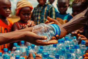 Close-up of a volunteer's hands giving clean water to African children