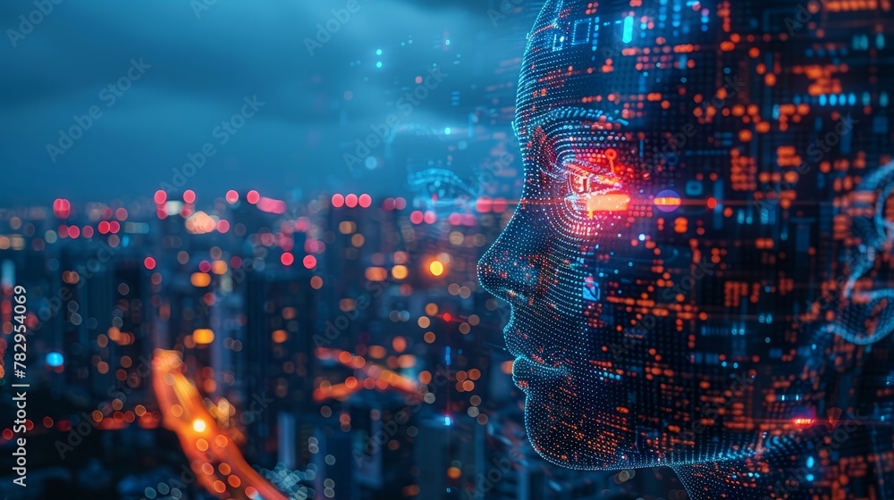 Poster An image of a futuristic smart city with artificial intelligence, IoT technology, and internet communications. An image of a cyborg or robot woman with AI in her head. A 3D rendering of skyscrapers.