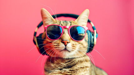 Isolated cute cat wearing headphone. AI Gereative