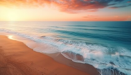 Aerial view of beautiful beach waves, on the coast with foam after being hit by the waves, reflection of sunset light on the coast with white sand