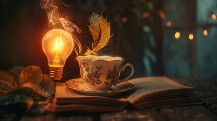 Innovative idea and cozy autumn atmosphere with lightbulb and teacup, perfect for book ads and educational inspiration - obrazy, fototapety, plakaty
