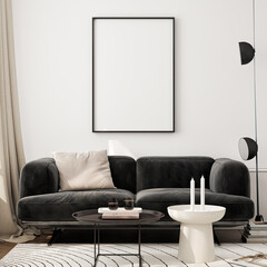 Frame mockup, ISO A paper size. Living room wall poster mockup. Interior mockup with house background. Modern interior design. 3D render
- 782954040