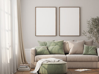 Frame mockup, ISO A paper size. Living room wall poster mockup. Interior mockup with house background. Modern interior design. 3D render
- 782954064