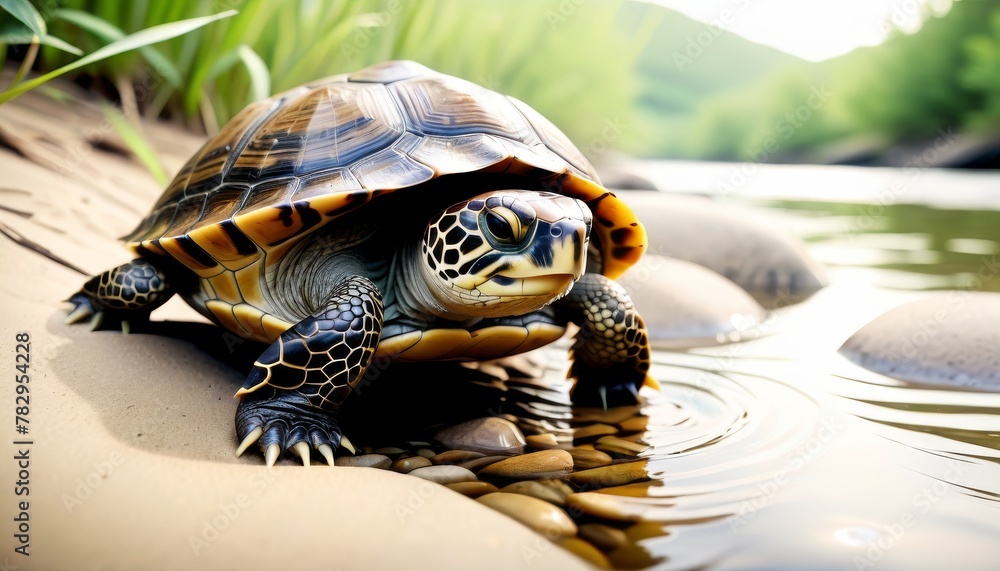 Poster a solitary turtle sits calmly on river rocks, its reflection in the tranquil water complementing the