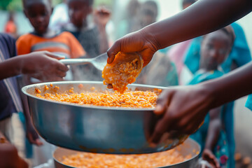 Naklejka premium Volunteers feed African children. Problems of hunger and lack of food in African countries