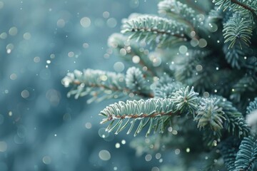 Close up of a pine tree covered in snow, perfect for winter themed designs