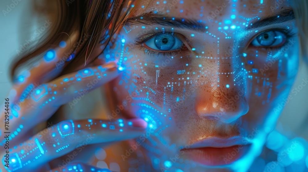 Poster Anthropomorphic artificial intelligence AI concept. A computer-generated female robot or cyborg using a 3D holographic interface. Robotic lady in the image has a beautiful face and is pressing a