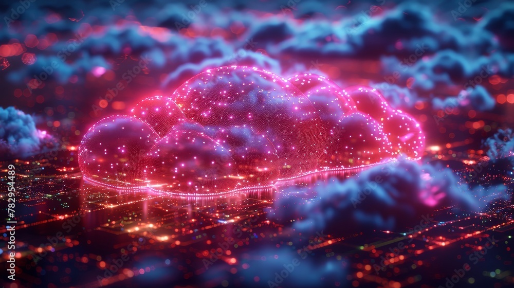 Aufkleber A cloud computing concept consists of a laptop, tablet, and phone network with a digital cloud. Online collaboration via the internet. There is synchronization of computer data storage over the