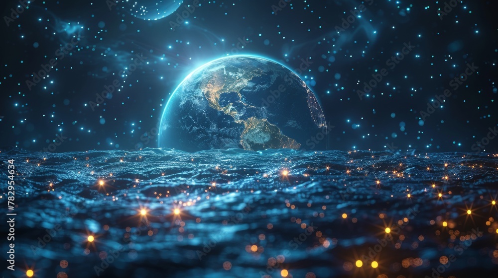 Poster Digital technology of world globe wireless connection network. Planet earth in space internet connection. Future illustration of web networking. Internet of Things in cities.