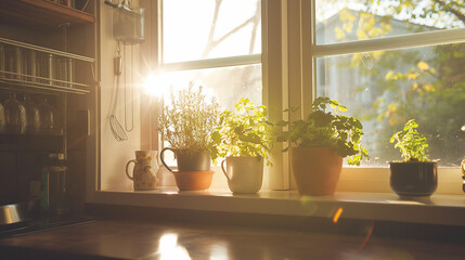 Cozy windowsill with potted herbs basking in sunlight, suitable for home decor blogs or hygge lifestyle Instagram posts - obrazy, fototapety, plakaty