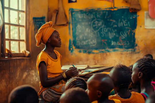 African children from remote tribes study at school.