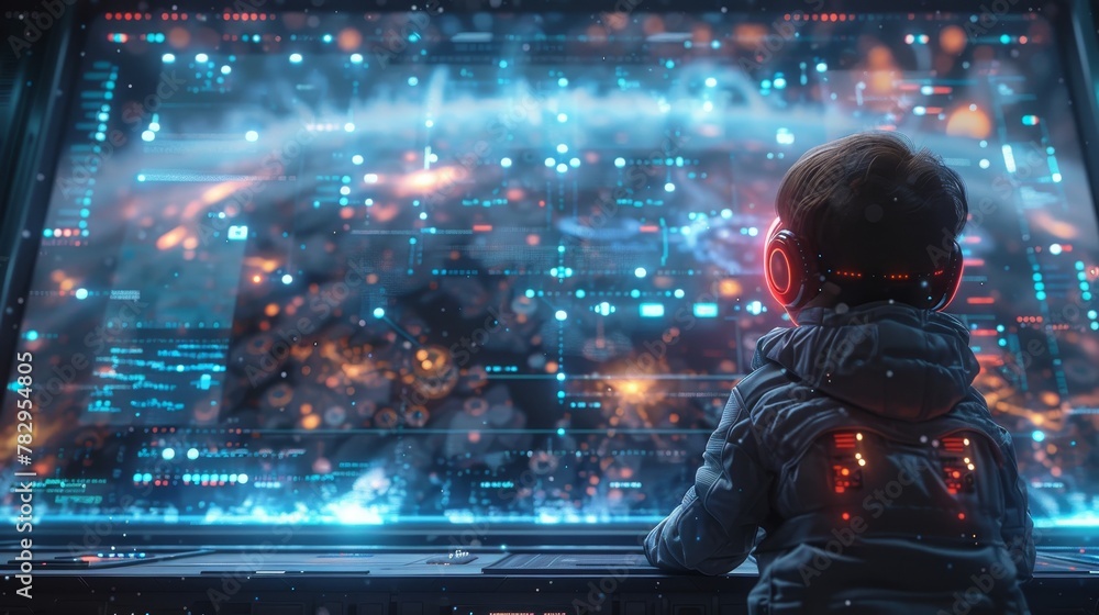 Poster Children learning STEM subjects online with a frame in electronic style. Empty border with tech doodles in teens' style. Boy, girl make a robot and software that controls him.