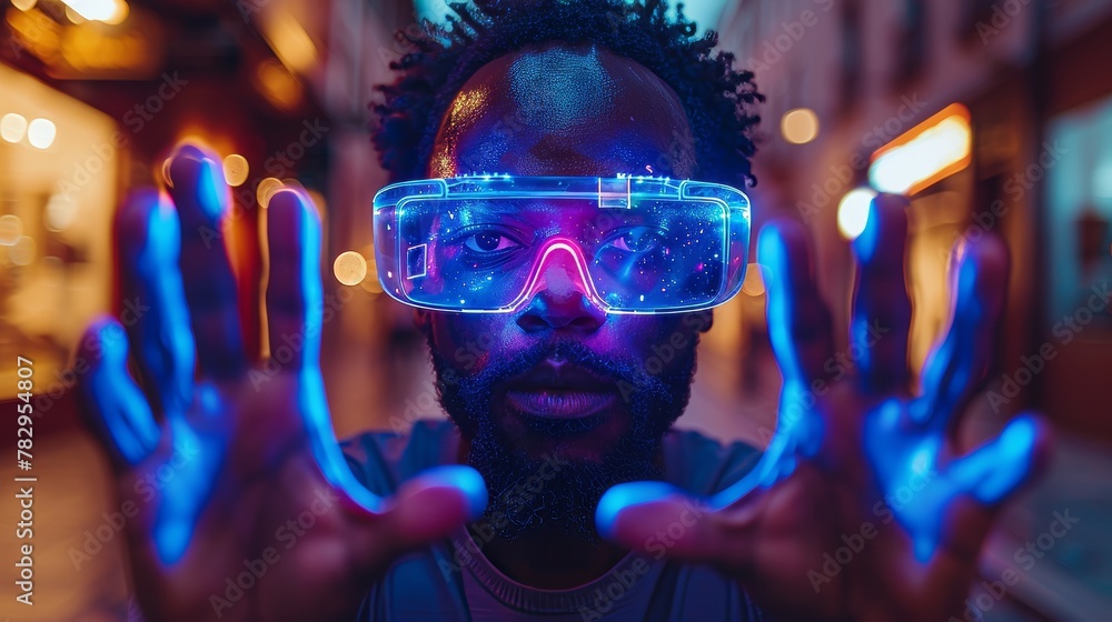 Poster virtual reality headset for internet entertainment and playing vr games. man wearing virtual reality