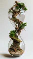 Surreal hourglass with tree ecosystems concept for environmental conservation and nature cycles