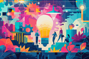 Vibrant illustrations showcasing the creative process of ideation, rapid prototyping, and user-centered design in driving business innovation - obrazy, fototapety, plakaty