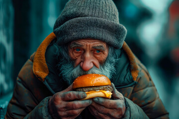 Homeless man in dirty clothes eats a hamburger on the street