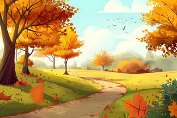 Naklejka na ściany i meble Illustration of Beautiful Autumn forest landscape with golden time.