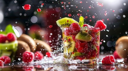 A glass of cocktail made of raspberries mixed with kiwi juice , surrounded by a fruit explosion
