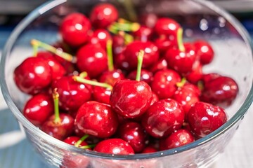Closeup of bowl of wet red plump juicy cherries