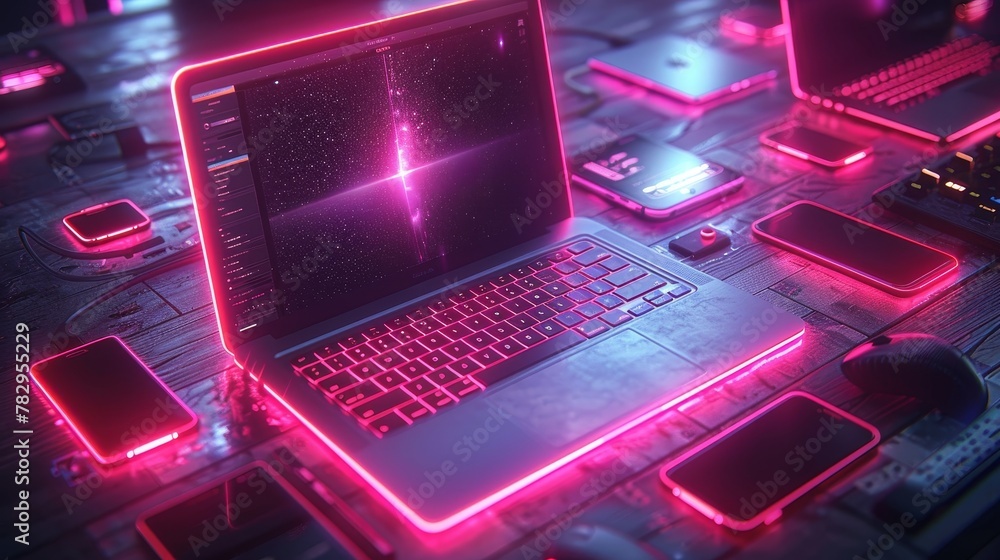 Aufkleber Three-dimensional rendering of a smartphone, tablet, laptop on a table in isometric perspective. Cloud of icons representing tech icons of computer technology, software development over white