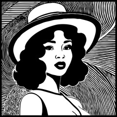 Fictional character of a woman with a hat. Black and white illustration. Logo design for use in graphics. Generated by Ai - obrazy, fototapety, plakaty