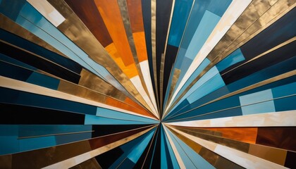 Abstract geometric starburst pattern in a captivating array of blues, browns, and oranges with a strong vanishing point perspective. AI Generation