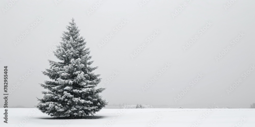 Poster a solitary pine tree standing in a snowy field. ideal for winter-themed projects