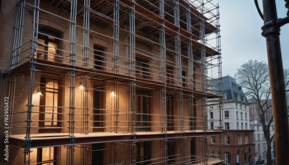 Poster Scaffolding wraps around an urban building under renovation, captured in the soft light of dawn, symbolizing potential and progress.. AI Generation