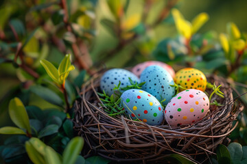 Fototapeta na wymiar easter eggs in a nest, A Birds Nest And Decorated Eggs Background, A close up of a pile of colorful easter eggs ,easter wallpaper high quality 4k ultra -AI generated image