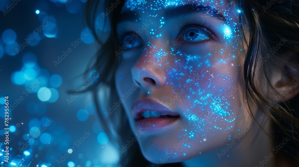 Poster This image depicts a cybernetic anthropomorphic woman working with matrix data on a virtual interface. This is the face and head of artificial intelligence looking at information and teaching neural