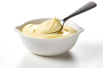 Spoon of mayonnaise isolated on white background