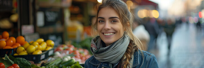 Smiling Young Woman Shopping for Fresh Produce at Outdoor Market - obrazy, fototapety, plakaty