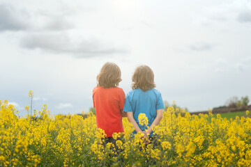 Twins in the middle of a flowering field of rapeseed.
