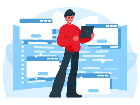 Programming lessons. Man standing with laptop. Programmer holding a laptop. Control panel screen with program code. Programming languages. Vector graphics