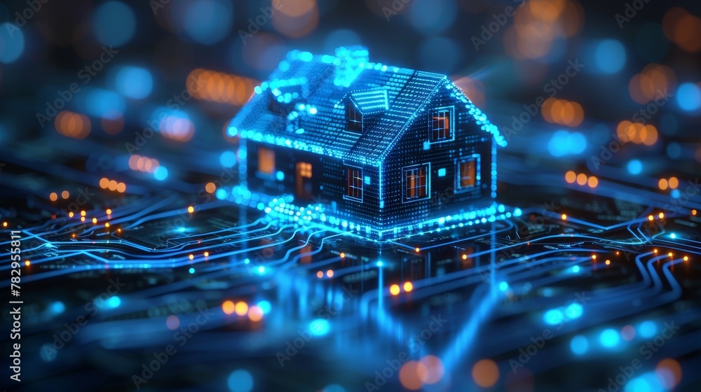 Aufkleber The smart house technology system banner is composed of digital data and is connected to domestic smart devices via cloud storage. The smart house is controlled by digital data and IoT communications