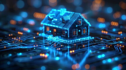 The smart house technology system banner is composed of digital data and is connected to domestic smart devices via cloud storage. The smart house is controlled by digital data and IoT communications - obrazy, fototapety, plakaty