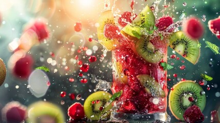 A glass of cocktail made of raspberries mixed with kiwi juice , surrounded by a fruit explosion