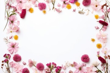 Beautiful floral arrangement creating a delicate frame with assorted pink flowers on a white background. Floral Frame with Pink Blossoms and Copy Space