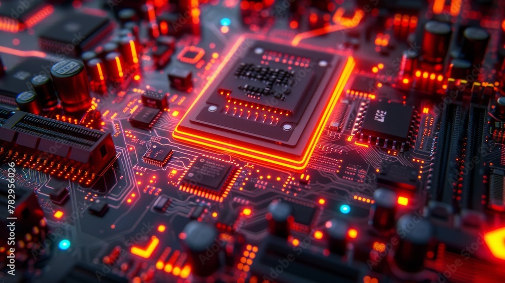 Poster Circuit board and CPU and GPU concepts. Motherboard digital chip. Cyberpunk AI 3D rendering. Technology background.