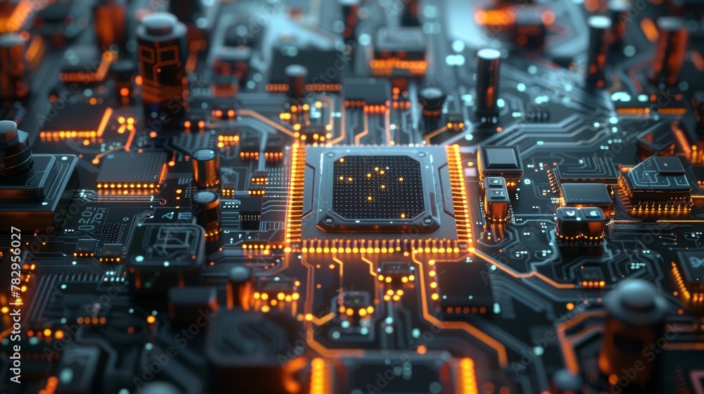 Poster Cyberpunk AI render in 3D. Circuit board. Technology background. CPU and GPU. Motherboard digital chip. Computer engineering background.