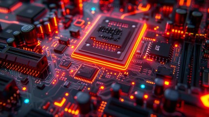 Circuit board and CPU and GPU concepts. Motherboard digital chip. Cyberpunk AI 3D rendering. Technology background. - obrazy, fototapety, plakaty